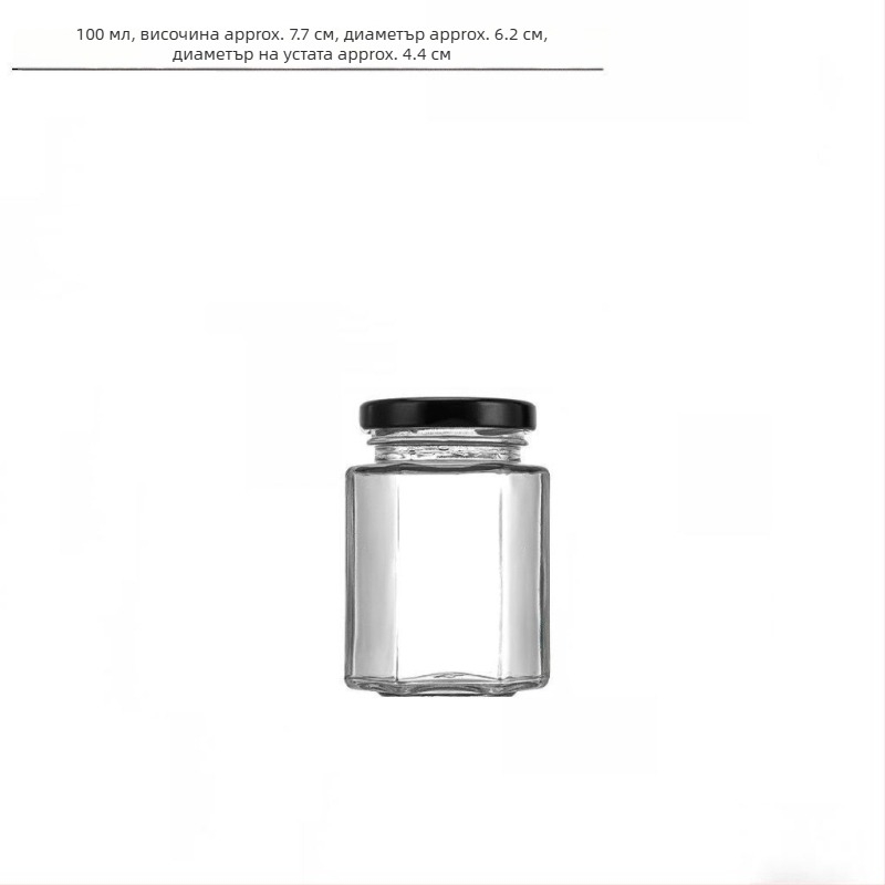 Хранително-безопасен запечатан шестостенен стъклен буркан с капак за мед, лютив сос и лимонов конфитюр
