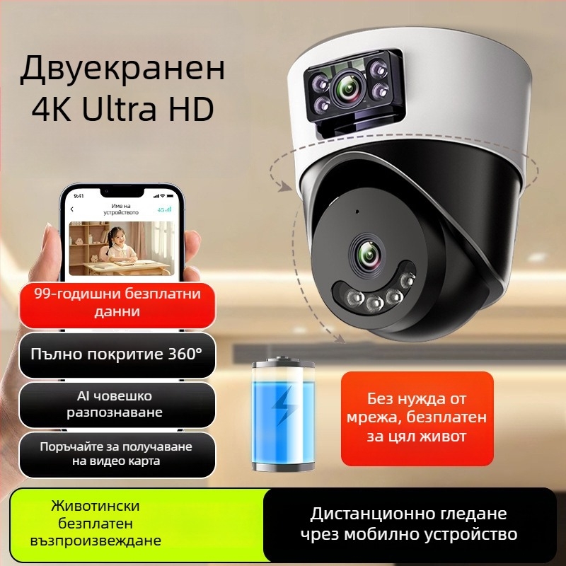 Сферична вътрешна камера за видеонаблюдение с AI за умна къща, 360° панорамен изглед, 220V захранване, автоматично компенсиране на подсветката, алармена функция