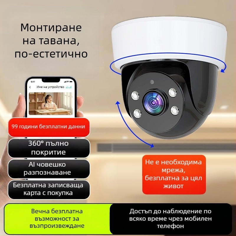 Сферична вътрешна камера за видеонаблюдение с AI за умна къща, 360° панорамен изглед, 220V захранване, автоматично компенсиране на подсветката, алармена функция