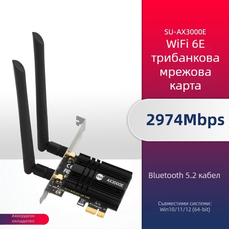 Настолна PCIe безжична мрежова карта NFHK AX210S, WiFi 6, 5374 Mbps, Bluetooth 5.2