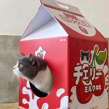 Котешко гнездо с драскалка от картон, закрит дом за котки; материал: гофриран картон; всесезонно използване; подходящо за котки от всички породи