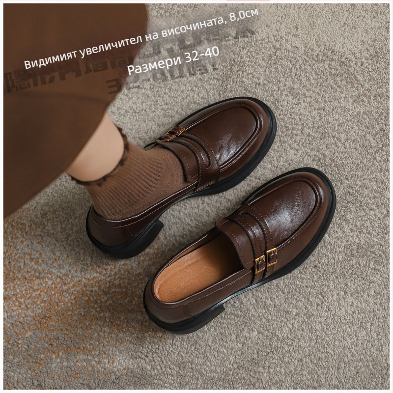 Лофери от естествена кожа с 8,0 cm повишение на височината, заоблен нос, дебел ток, обувки без връзки с катарама