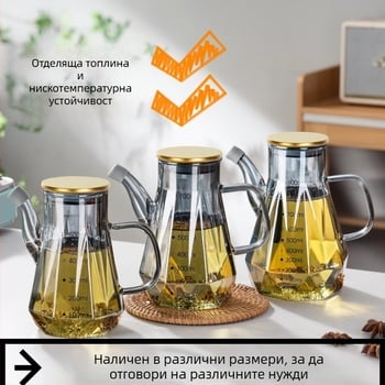 Стъклена бутилка за олио с носче за без капене, с градуирани марки и модерен минималистичен стил