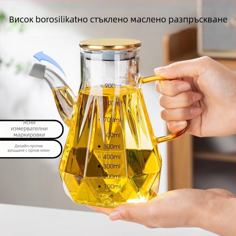 Стъклена бутилка за олио с носче за без капене, с градуирани марки и модерен минималистичен стил