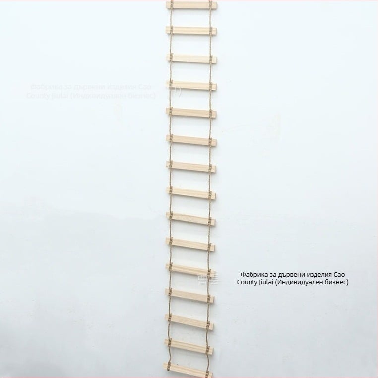 Дървена котешка катерушка със стълба от въже, гнездо, драскалка и мост