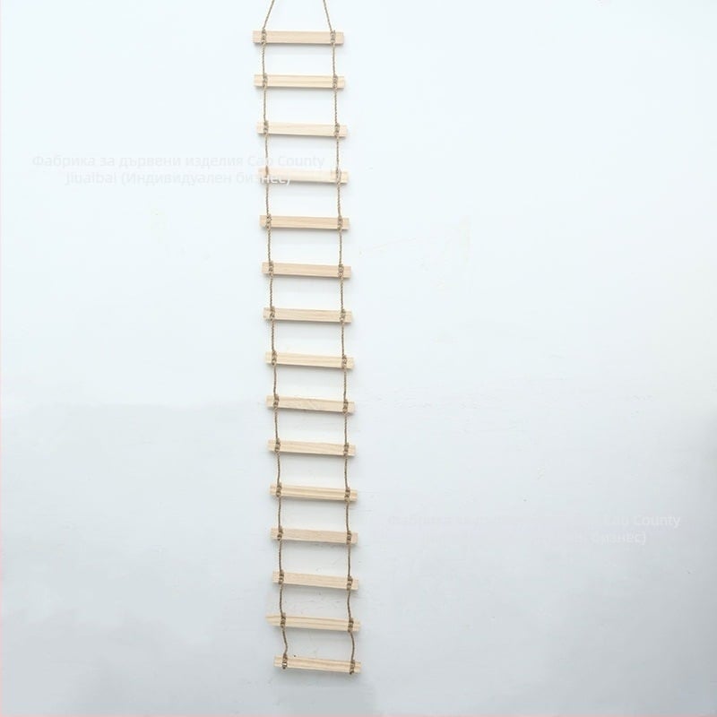 Дървена котешка катерушка със стълба от въже, гнездо, драскалка и мост