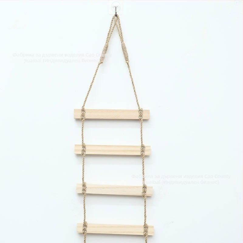 Дървена котешка катерушка със стълба от въже, гнездо, драскалка и мост