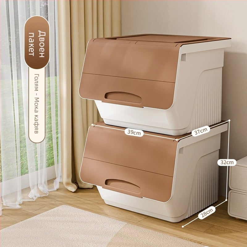 Кутия за домакинско съхранение с предно отваряне — голям капацитет, PP пластмаса, 100% нов материал, мултифункционална за играчки, книги и дрехи; прахо- и влагозащита