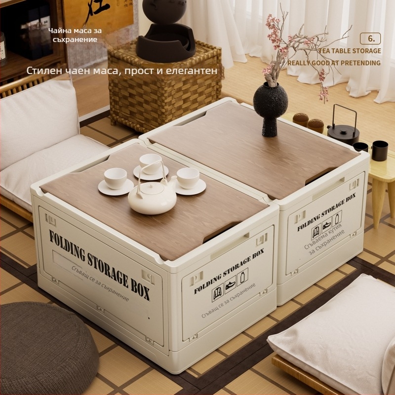 Кутия за съхранение в индустриален стил, сгъваема с дървена капачка за закуски и играчки, капацитет 50–60 л; Материал: борд с плътност + PP; С колела; Модел 2003