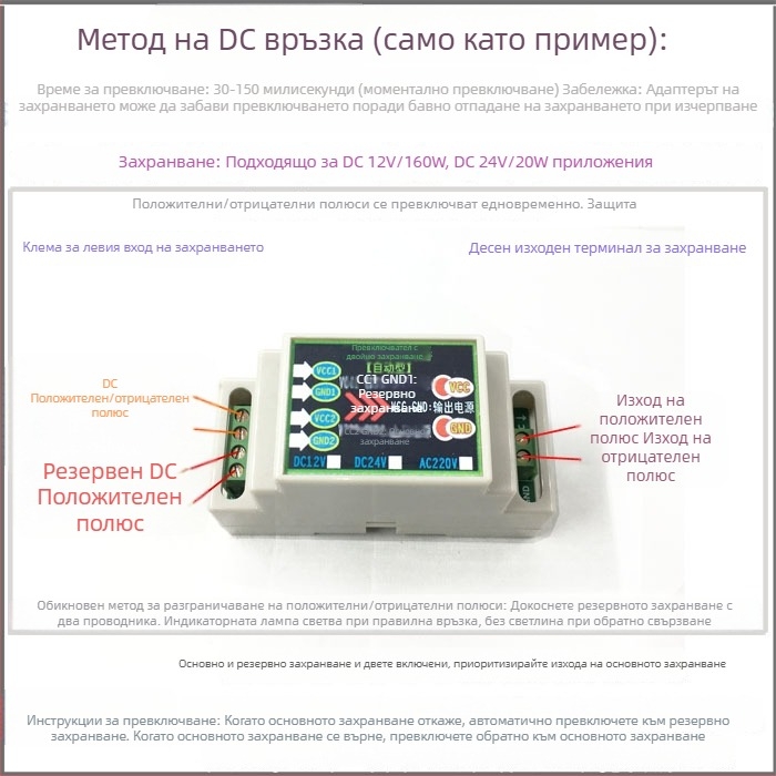 Автоматичен превключвател за двойно захранване, DC 12/24V и AC 220V, 10A, модул с два входа и един изход
