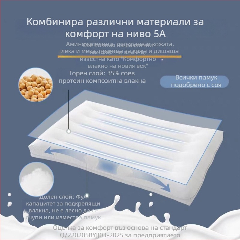 Нисък профил правоъгълен възглавник, ултра тънък дизайн; пълнеж: 65% соево влакно + 35% антибактериално влакно; 100% памучен калъф; антибактериално и против акари; за един потребител