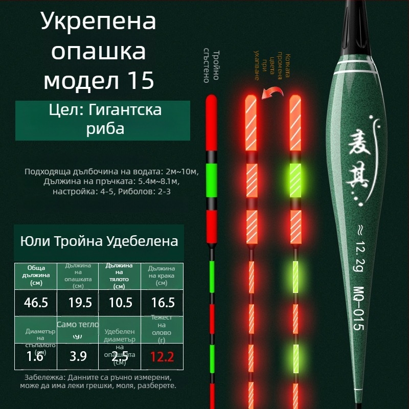 Поплавък за риболов с вертикален дрейф – променящ цвят, луминесцентен и електронен за ден и нощ; композитен материал; марка Powerful merchant.