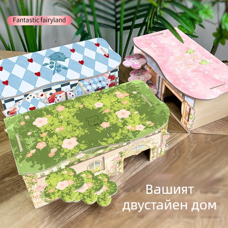 Двуетажна дървена къща за хамстери с кръгла форма, водоустойчива и подходяща за вътрешно ползване