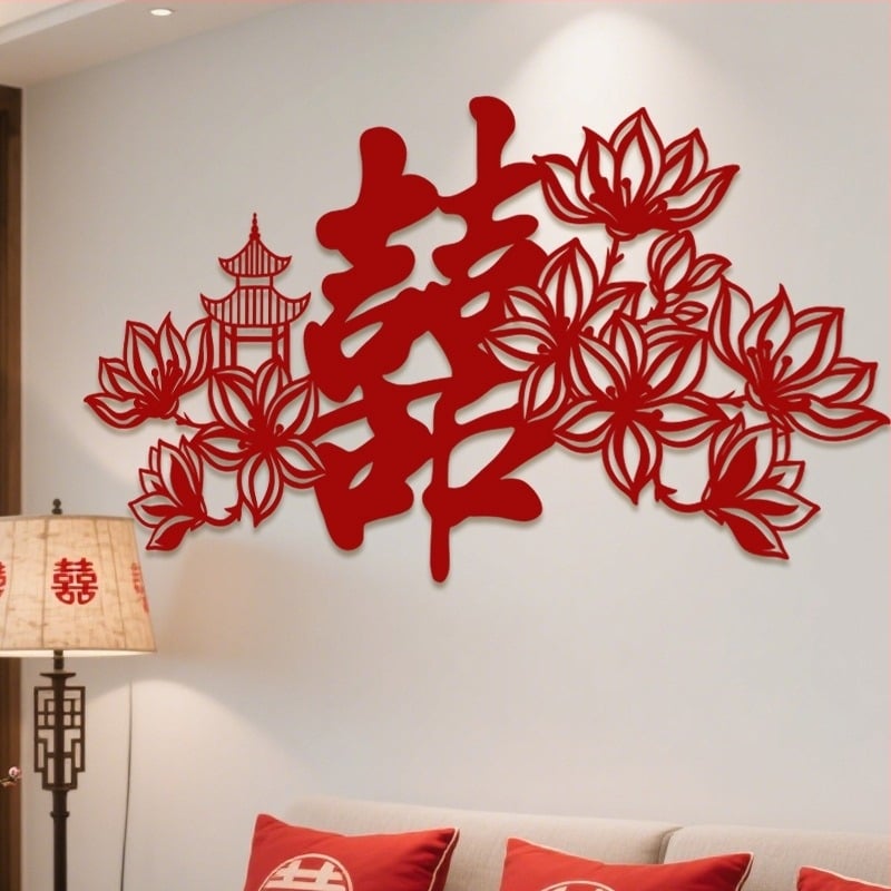 Сватбен стикер за врата – Символ Двойно щастие и риба кой, нетъкан текстил, монтаж без пробиване, за дневна и спалня