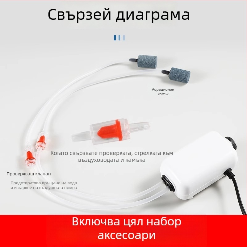 Аквариумна кислородна помпа, супер тиха, регулируен поток на въздуха, мотор с медно ядро, монолитна въздушна камера, включен камък за мехурчета