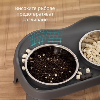Висока станция за хранене за кучета с двойни купи – неръждаеми купи на основа от ПП/ТПР, защита на шията, антипреобръщане