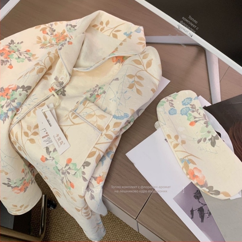 Женски зимен пижамен комплект с въздушен памучен междинен слой, подплатен и дебел, модерен минималистичен стил, тъкан 201–250 г/м², за сън