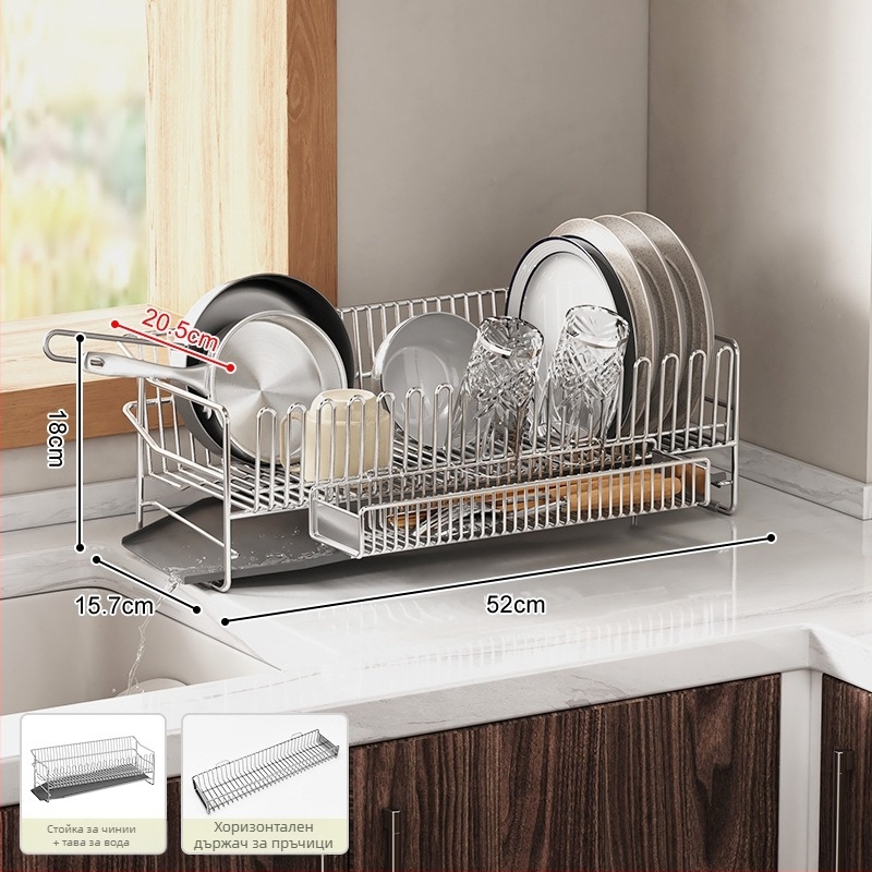 Двуетажна поставка за съдове от 304 неръждаема стомана за ръба на мивката, отцеждане и съхранение на посуда