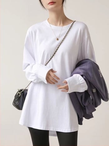 Женска памучна тениска с еластан, дълъг ръкав, средна дължина, кръгла яка, солиден модел, ежедневен стил