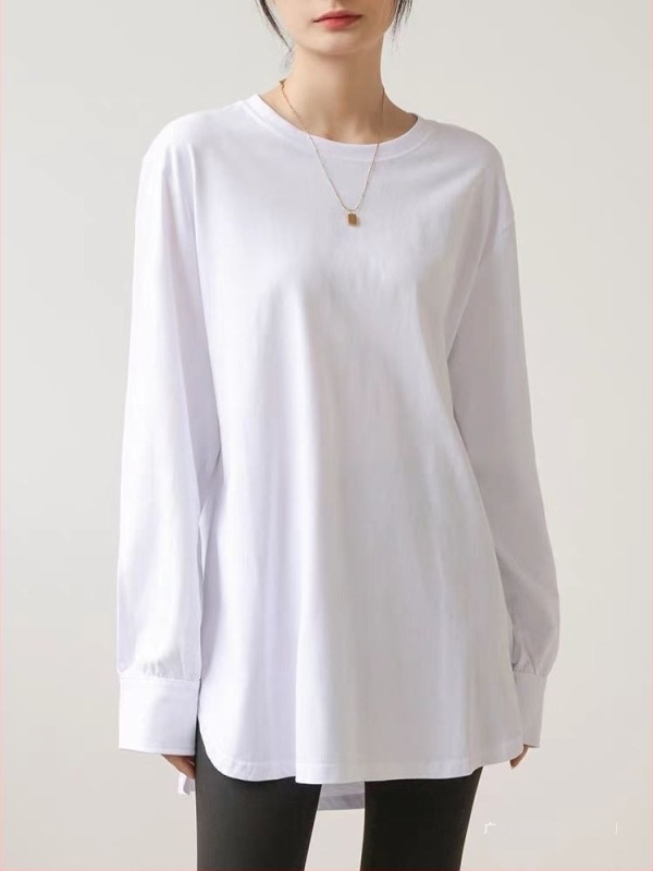 Женска памучна тениска с еластан, дълъг ръкав, средна дължина, кръгла яка, солиден модел, ежедневен стил