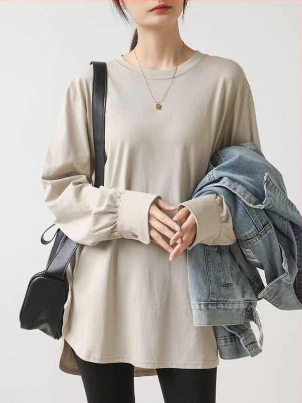 Женска памучна тениска с еластан, дълъг ръкав, средна дължина, кръгла яка, солиден модел, ежедневен стил