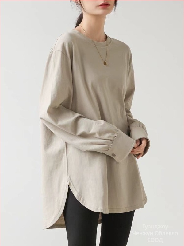 Женска памучна тениска с еластан, дълъг ръкав, средна дължина, кръгла яка, солиден модел, ежедневен стил