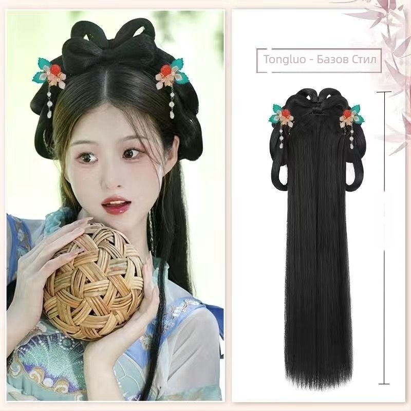 Перука с интегрирана лента за коса, къса къдрава прическа, ханфу вдъхновена — ръчно тъкана с тел с висока температура, модел 1