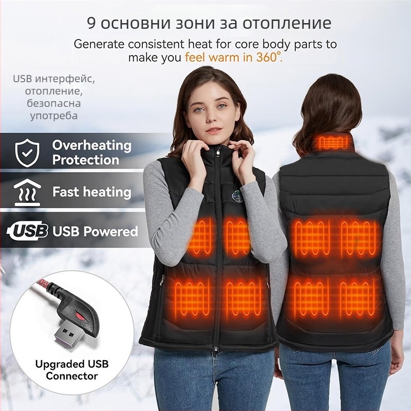 Кардиган-стил електрически отоплявана жилетка с постоянна температура – Унисекс, зимно/есен, пълнеж памук, подплата полиестер