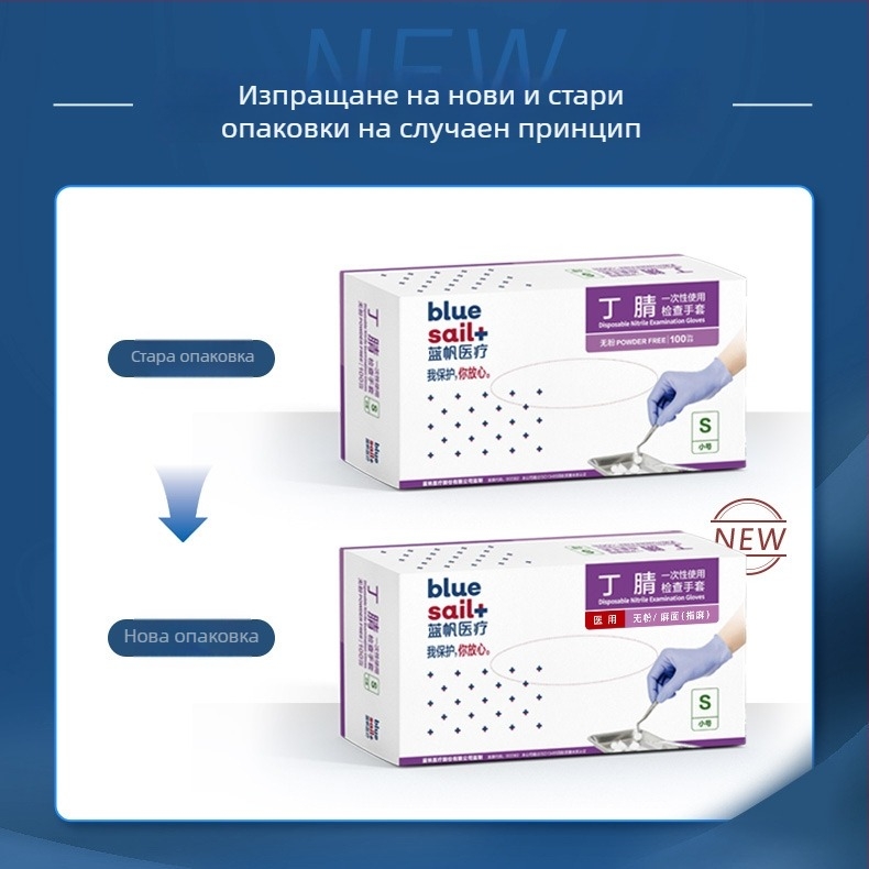 Еднократни нитрилни медицински ръкавици Blue Sail – защита, домашна инспекция и почистване (материал: нитрил; клас: медицински)
