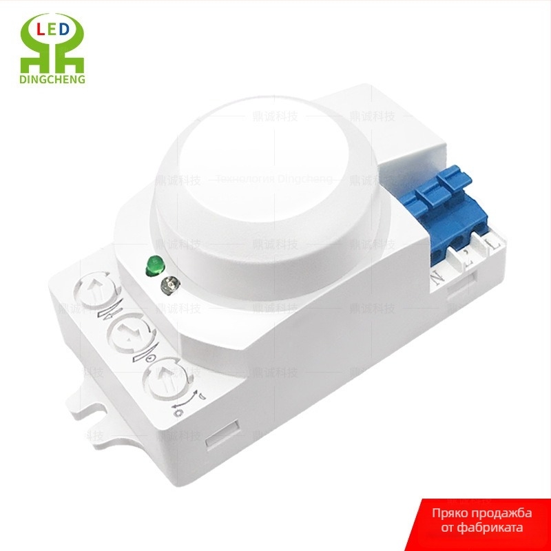 Greenway 5.8G микровълнов радарен индукционен сензор – за вътрешно/външно осветление, коридори, училища, молове, паркинги и складове; забавяне 8 s–12 min; напрежение AC100-240V / DC12-24V; CE