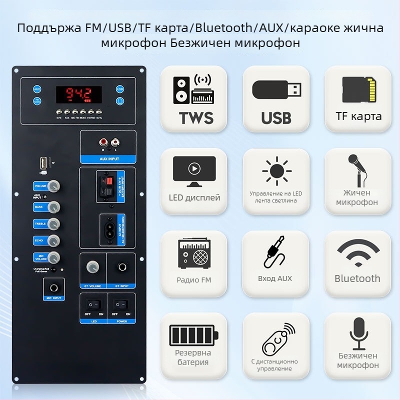 TB01 Bluetooth усилвателна платка за външен субуфер модул – аудио аксесоари, напрежение DC12V или AC110-240V, Bluetooth, входове за микрофон и китара
