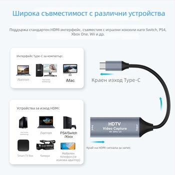 USB 3.0 карта за видеозаснемане с MS2130 чип, HDMI към Type-C заснемане, 1080p