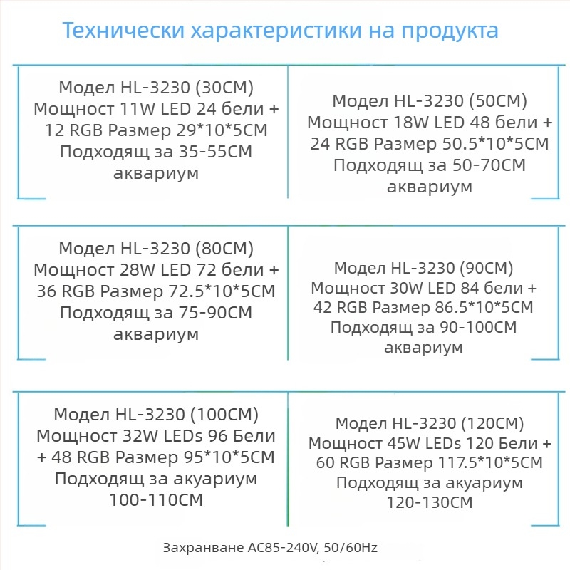 Haiyi Hl-3230 LED лампа за аквариум с пълен спектър — алуминиева сплав, мощност 11-45 W, модел Hl-3230