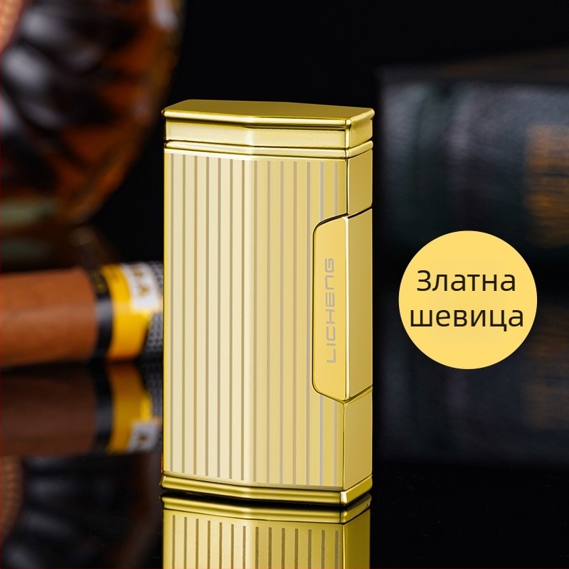 Запалвач за пури с четири пламъка, бутан, ветроустойчив дизайн, метално тяло и отпечатано лого