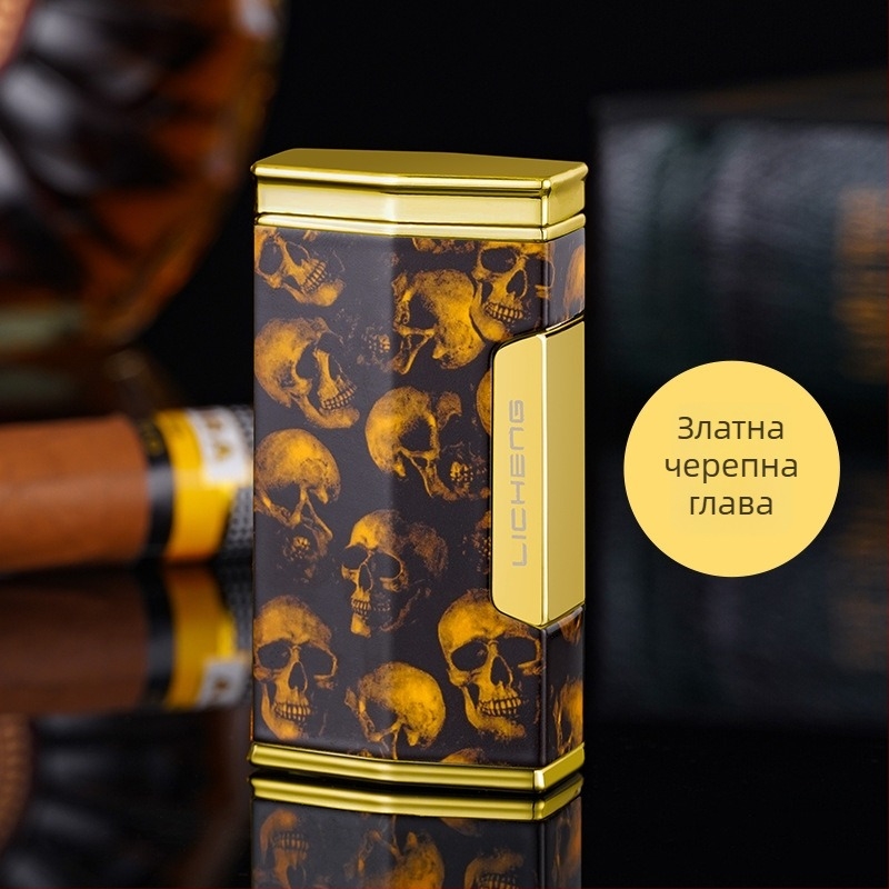 Запалвач за пури с четири пламъка, бутан, ветроустойчив дизайн, метално тяло и отпечатано лого