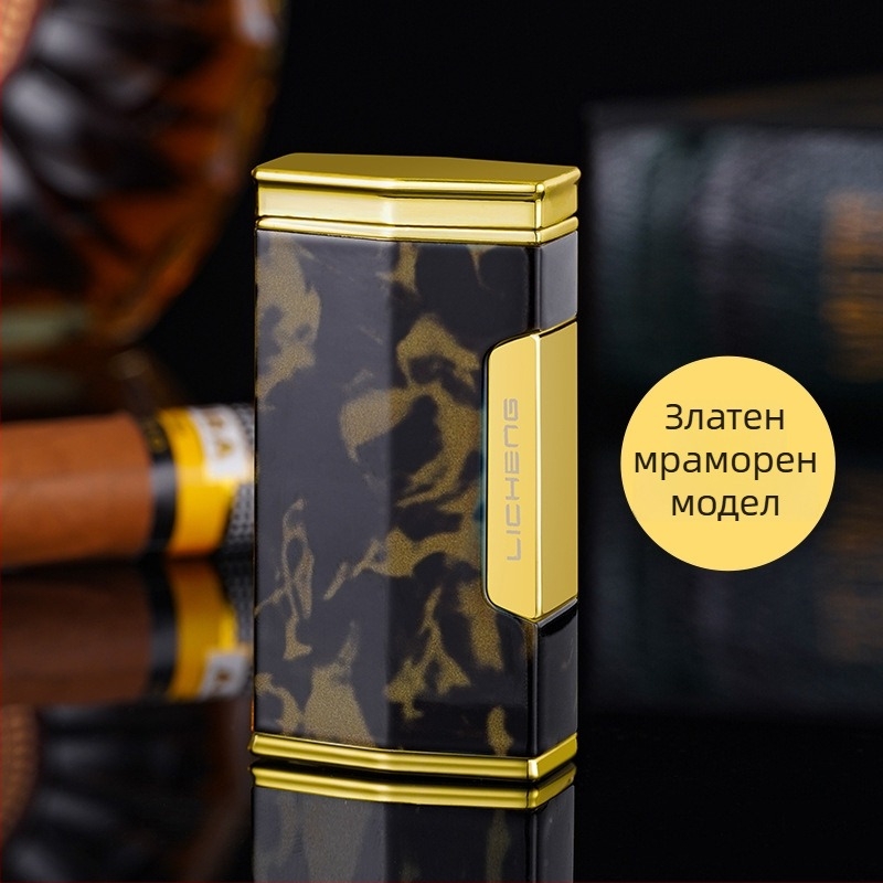 Запалвач за пури с четири пламъка, бутан, ветроустойчив дизайн, метално тяло и отпечатано лого