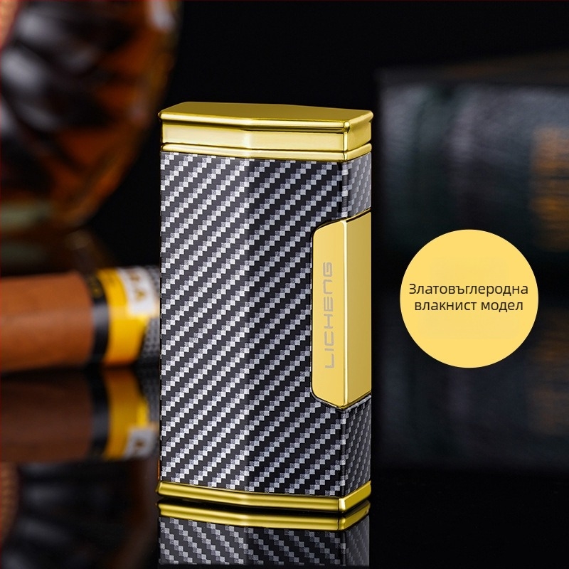 Запалвач за пури с четири пламъка, бутан, ветроустойчив дизайн, метално тяло и отпечатано лого