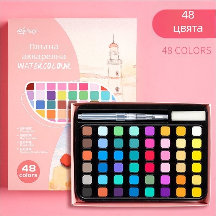 Акварелни бои комплект 36 цвята в железна кутия, за ученици, с портативна писалка с мастило, включва бархатена чанта и матирана полиетиленова торба