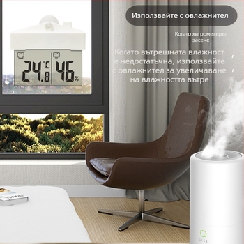 Прозоречен термометър и хигромер със самозалепваща вакуумна чашка, за вътрешен и външен монтаж, резолюция на температурата 1 °C
