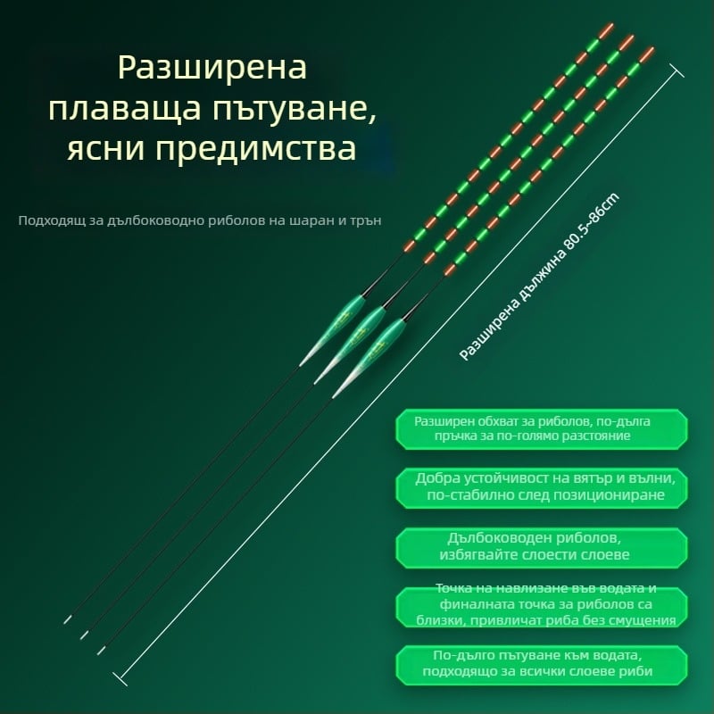 Риболовен поплавък със светещо тяло, двойно използване, анти вятър и анти вълни, дебела опашка • Материал: композитен материал • Марка: Default Item