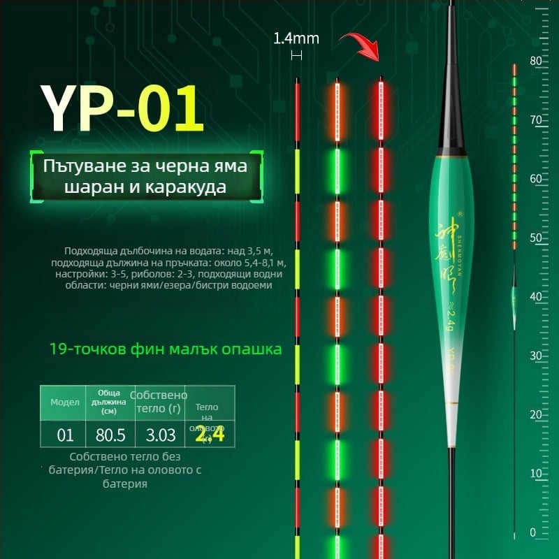 Риболовен поплавък със светещо тяло, двойно използване, анти вятър и анти вълни, дебела опашка • Материал: композитен материал • Марка: Default Item
