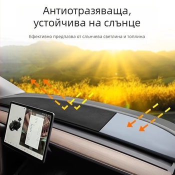 За Tesla Model Y/3 слънцезащитна и светлозащитна подложка за таблото на предния център – декоративно покритие; Материал: велур; Персонализация: Да; Печат на лого: Да; Тип: Четири сезона