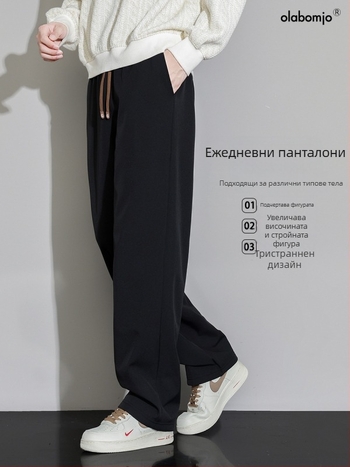 Мъжки спортно-ежедневни панталони от полиестер с подплатен флис, прави крачоли, средна талия, връзки за закопчаване, джобове