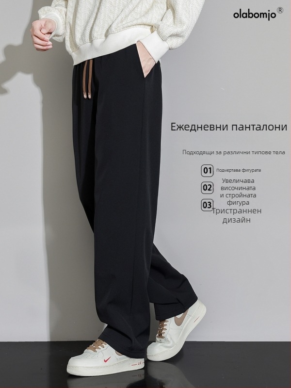 Мъжки спортно-ежедневни панталони от полиестер с подплатен флис, прави крачоли, средна талия, връзки за закопчаване, джобове