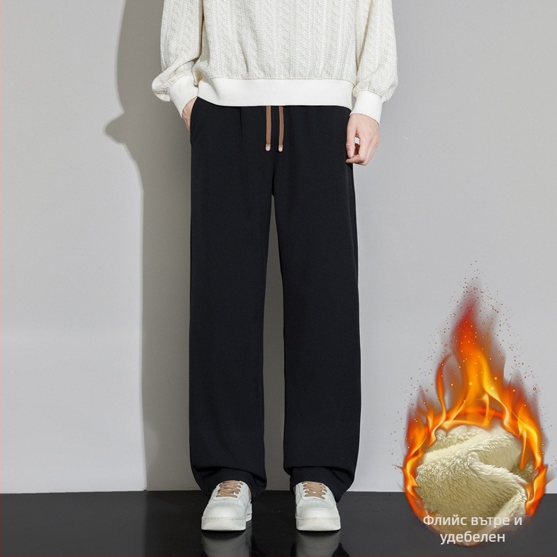 Мъжки спортно-ежедневни панталони от полиестер с подплатен флис, прави крачоли, средна талия, връзки за закопчаване, джобове