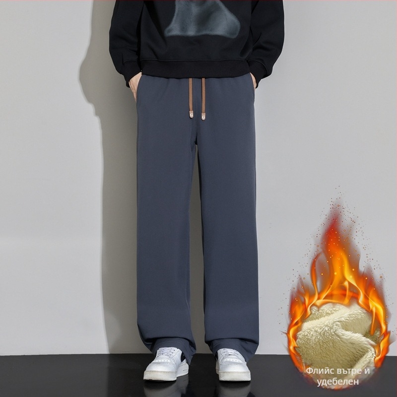 Мъжки спортно-ежедневни панталони от полиестер с подплатен флис, прави крачоли, средна талия, връзки за закопчаване, джобове