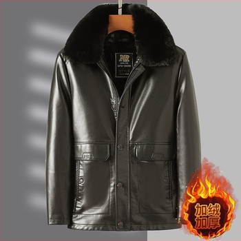 PU кожено яке за мъже със подплата от флис, яка лапел, цип, средна дължина, зима