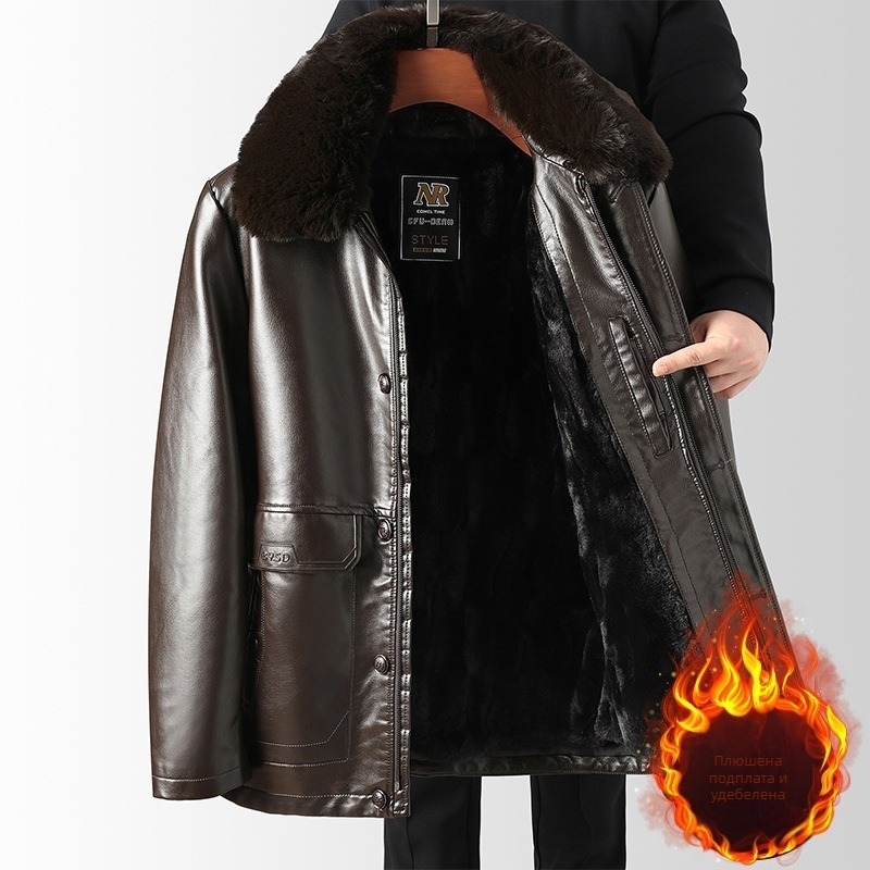 PU кожено яке за мъже със подплата от флис, яка лапел, цип, средна дължина, зима