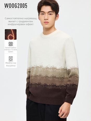 Мъжки самонагряващ се жакардов плетен пуловер, кръгло деколте, свободен силует, 51–55% памук