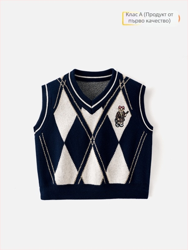 Детска V-образна жилетка — 93,5% памук, преппи стил, карикатурен принт, за деца над 8 години, зима-пролет-есен